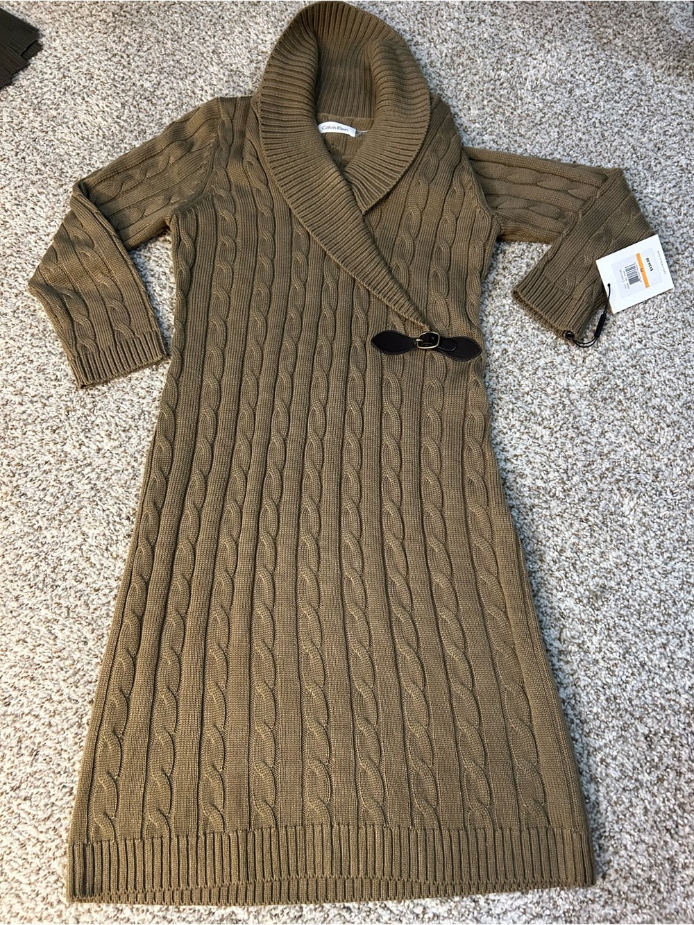Calvin Klein Cable-Knit Shawl Collar Sweater Dress in Brown